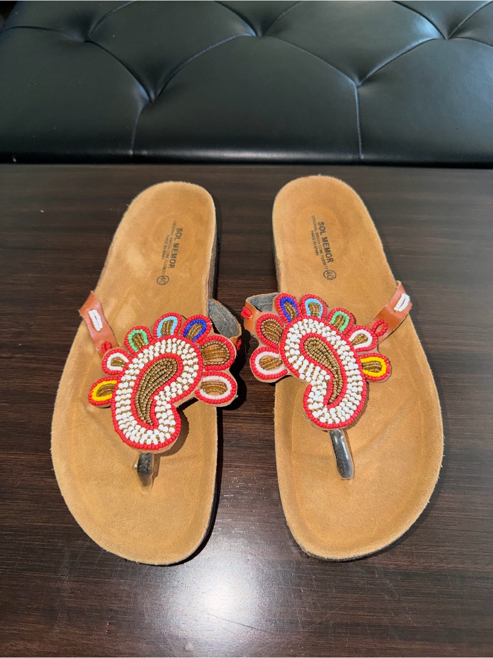 Sol Memor Multicolor Beaded Paisley Sandals - Tan Footbed NEW WO BOX #Summer